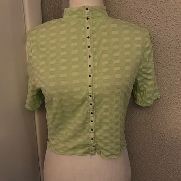 Free People Green Mock Neck Textured Button Closure Back T-Shirt S Casual Boho - Picture 2 of 10